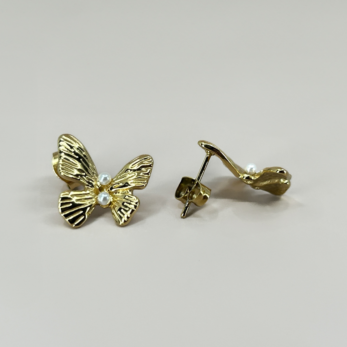 Çelik Gold Renk Çift İncili Kelebek Küpe - Image 5