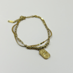 Çelik Gold Renk Göz Detaylı ve Taşlı Çift Zincir Plaka Kombin Bileklik