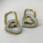 Çelik Gold Renk Taşlı ve Sallantılı Kalp Küpe