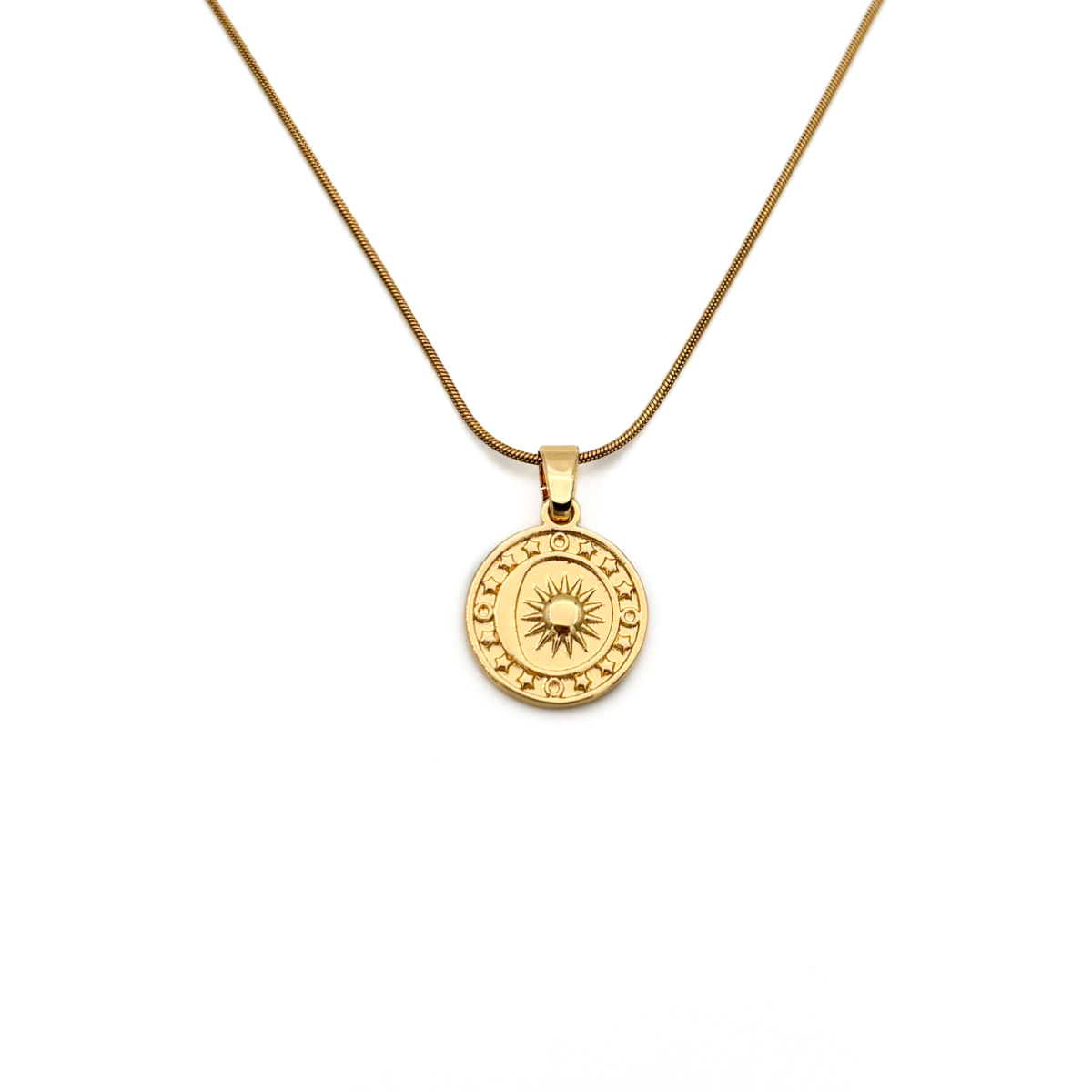 Çelik Gold Renk Güneş Figürlü Yuvarlak Madalyon Kolye - Görsel 3