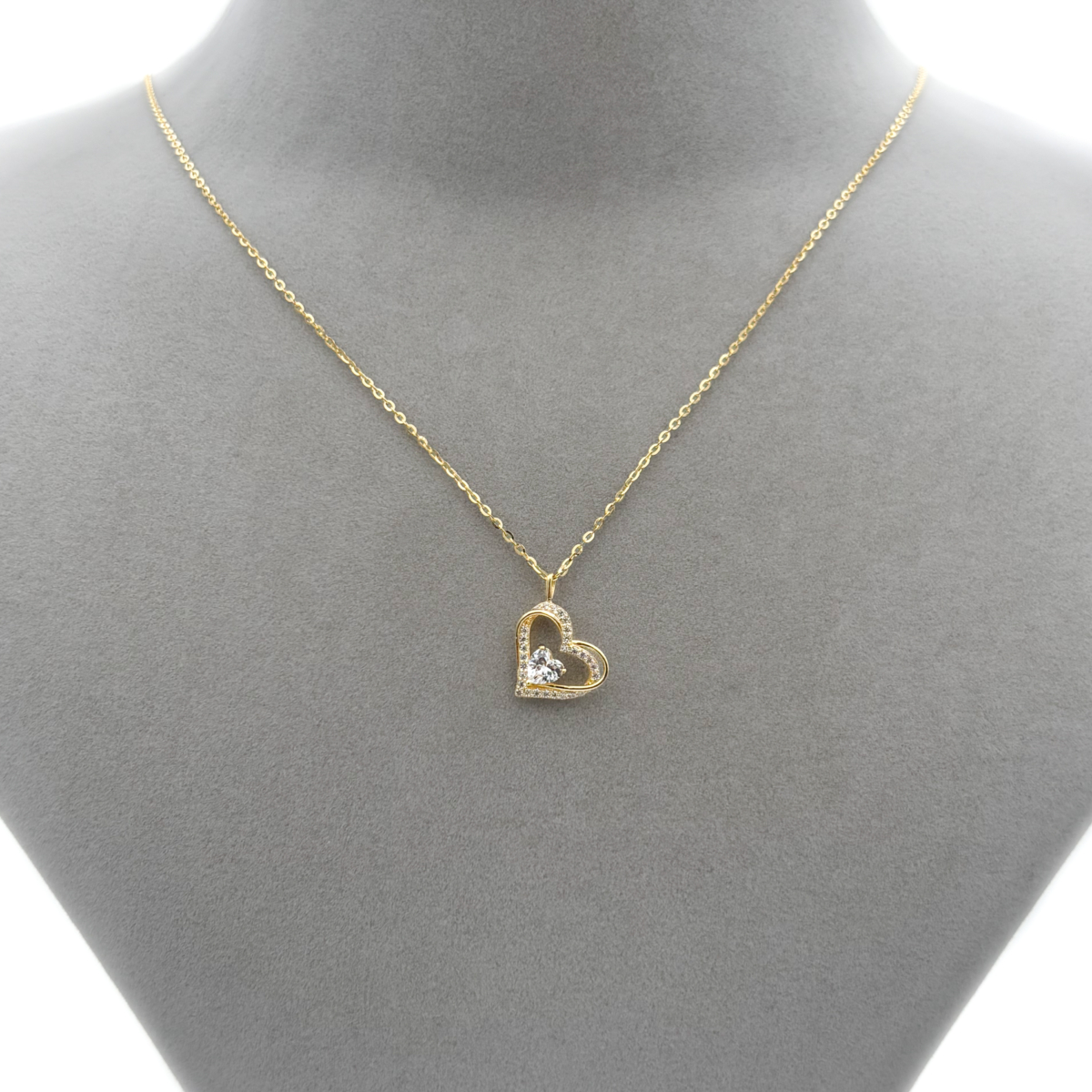 Zirkon Taşlı Gold Renk İç İçe Çift Kalp Kolye - Görsel 2